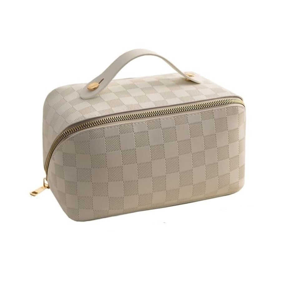 Geanta de Calatorie, Pentru Cosmetice, Portabila, Impermeabila, din Piele Ecologica, Compartimente Multiple, cu Fermoar, 22 x 13 x 12.5 cm, In Carouri, Crem